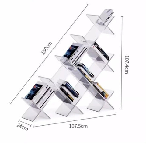 Acrylic Floating Bookshelf With Multi Layer Design Shaped Floor Shelf for living room or office, dimensions labeled