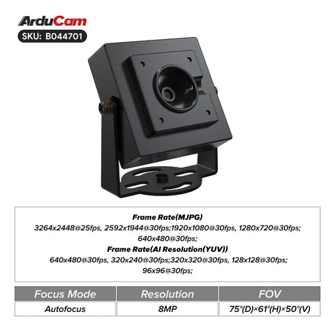 8MP USB Camera Module With HDR And Autofocus For LightBurn USB Two Point Zero Webcam displayed at an angle with specifications