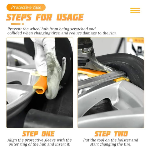 Steps for using Red 5 Piece Tire Changer Rim Protectors Premium Soft Polyurethane Wheel Savers for tire changes.
