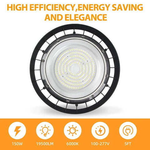 Led High Bay Light 150W UFO Fixture, 19500 Lumens, 6000K Daylight, Energy Efficient Industrial Lighting