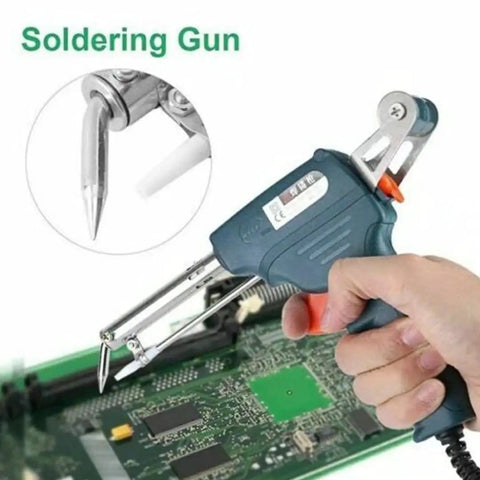 Automatic Soldering Gun With Tin Wire Feed And Desoldering Pump, 60W Electric Soldering Iron Kit For Electronics Repair being used on PCB.