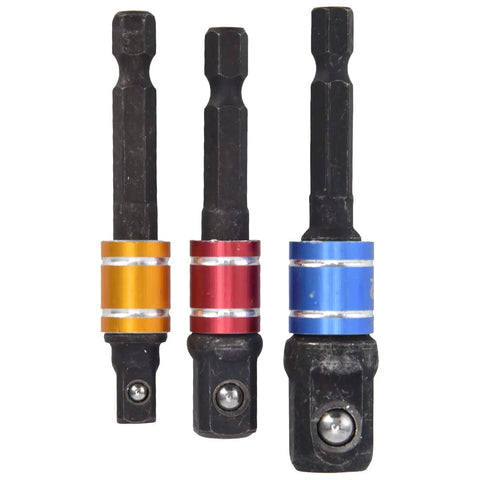 Top Tier Hex Shank Socket Adapter Kit With Square Head Extension Tool Set For Fastener Jobs, Durable Chrome Vanadium Steel 3 Piece Multi Size Kit For 1/4 3/8 And 1/2 Inch Drives To Handle Any Tough Job, three color-coded adapters