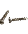 Tough As Nails One Inch Phillips Flat Head Screws With Knockout Nickel Coating, showing two screws, 1 inch, nickel plated, for carpentry.