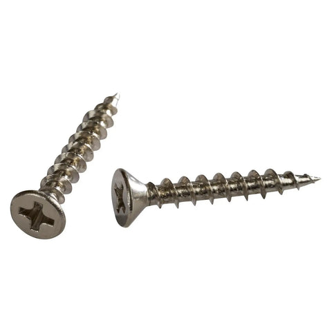 Tough As Nails One Inch Phillips Flat Head Screws With Knockout Nickel Coating, showing two screws, 1 inch, nickel plated, for carpentry.
