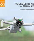 Adjustable ND Filter Set for DJI Mini 4 Pro attached mid-flight, showing lens protection and sharp aerial photography capabilities.