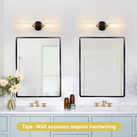 Black And Gold Wall Sconces Set Of Two With Thick Clear Glass Shades Modern Bathroom Lighting For Mirror Vanity Bedroom Hallway, installed above mirrors.