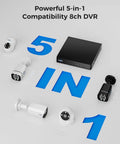 5-in-1 compatibility DVR with various security cameras, part of 3K Wired Outdoor Security Camera System With Audio And Smart Dual Light