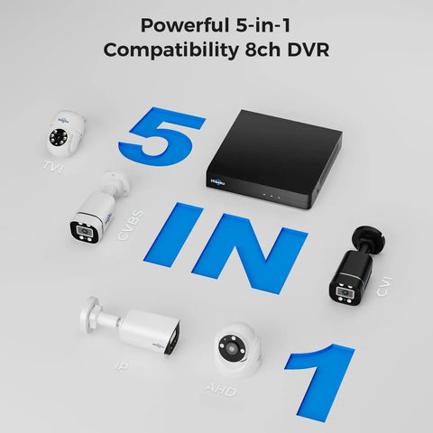 5-in-1 compatibility DVR with various security cameras, part of 3K Wired Outdoor Security Camera System With Audio And Smart Dual Light