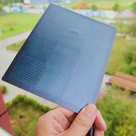 Hand holding Ultra Thin Flexible CIGS Solar Panel Charger For Portable Power On The Go, 6.69x5.51 Inches size