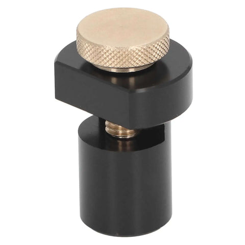 Close-up of Beefy Aluminum Alloy Bench Dog With 19mm Thumb Screw Non Slip Workbench Stop, black, side view.
