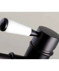 Close-up of single handle vessel sink faucet in brushed nickel, deck mount, drip free ceramic disc, brass zinc alloy build detail