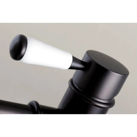 Close-up of single handle vessel sink faucet in brushed nickel, deck mount, drip free ceramic disc, brass zinc alloy build detail