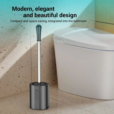 Compact Toilet Brush With Stainless Steel Handle And Hidden Base next to a toilet, space saving black plastic holder