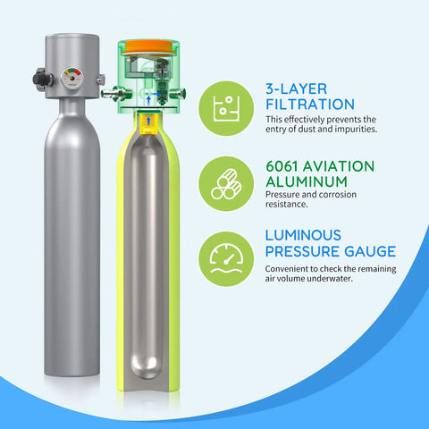 0.5L Mini Scuba Tank Portable Handheld Diving Tank With DOT Mark, cross-section showing filtration, aluminum, pressure gauge