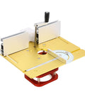 Badass Universal Metal Router Lift Kit Delivers Sick Precision For Your Woodworking Bench With Sweet Two Inch Vertical Travel showing gold plate with adjustment handle.