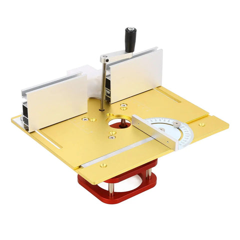 Badass Universal Metal Router Lift Kit Delivers Sick Precision For Your Woodworking Bench With Sweet Two Inch Vertical Travel showing gold plate with adjustment handle.