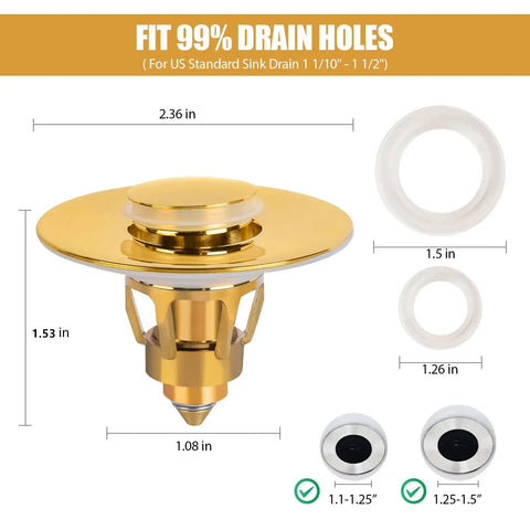 Heavy Duty Bathroom Sink Stopper With Smooth Push Pop Up Drain Plug And Rust Resistant Stainless Steel Strainer That Works Like A Dream To Kick Drain Clogs To The Curb Gold Finish Fits Us Standard Basin Openings