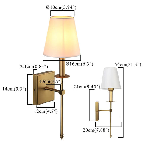 Dimensions of set of 2 Rustic Industrial Wall Sconces with flared white textile shades and antique brass tapered column stands, hardwired E26 base.