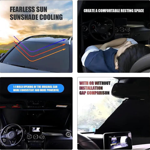 Custom Fit Windshield Sunshade For Gmc Sierra Ev 2024 To 2026 shown blocking sun, interior cooling, easy installation, foldable design.