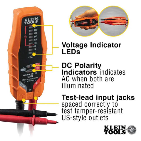 ET60 Voltage Tester For AC And DC Voltage No Batteries Needed Wide 12 To 600 Volt Range with LED indicators and test leads.