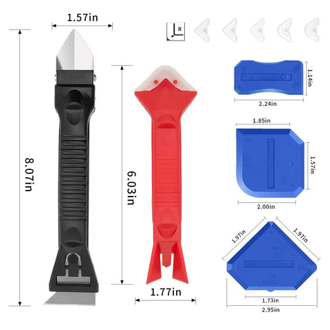 3 In 1 Caulking Tools Kit With Stainless Steel Head Removable Scraper, size dimensions, silicone pads, pro-grade tools