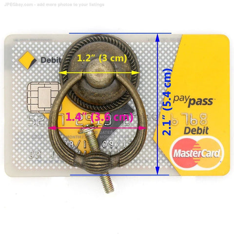 Set Of 6 Vintage Antique Brass Drop Ring Pulls For Drawers With Single Mounting Hole Large Ring Size 1.4-Inch And Pull Height 2.1-Inch shown against a debit card for scale.