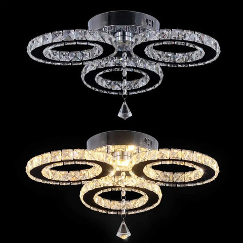 LED Crystal Pendant Ceiling Light With 3 Rings Cool Sleek Chandelier Flush Mount For Bedroom And Living Room Warm White 2500K To 3500K K9 Crystals And Stainless Steel Non Dimmable Integrated 36W LED 410mm Wide shown lit and unlit