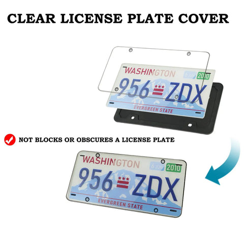 Crystal Clear License Plate Cover Set With Unbreakable Frame Street Legal And See Through For Real Fits Any Standard US Plates Includes Screws 2 Sets Durable License Plate Protector displaying over a Washington state license plate