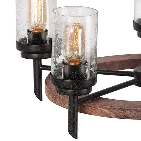Close-up of Wagon Wheel Chandelier Pendant Light with Metal Wood Frame Seeded Glass Shade, Edison Vintage Ceiling Fixture
