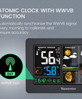 Must Have Wireless Weather Station With Color LCD Display Indoor Outdoor Thermometer Atomic Clock Barometric Pressure Forecast Moon Phase Adjustable Backlight Alarm Clock Snooze Seven Point Five Inch Screen Black featuring atomic clock with WWVB function