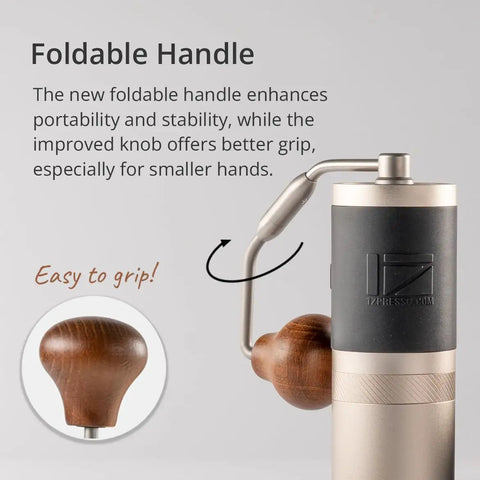 Barista-Grade Manual Coffee Grinder With 48mm Stainless Steel Conical Burr Internal Adjustable Settings featuring foldable handle