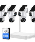 Solar Wireless Outdoor Security Camera System With Dual Lens 360 Degree Coverage For Home Surveillance Eight Screen Four Cameras And 10 Channel NVR 500GB HDD