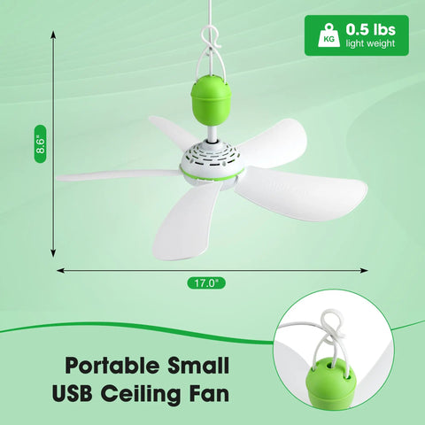 17 Inch USB Ceiling Fan For Camping And Outdoor Use Portable Tent Gazebo RV Cruise With On Off Button And 13.2 Foot Cord