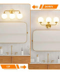 Dope Mid Century 3 Light Vanity Fixture With Smooth Brushed Gold Finish And Soft Milky White Glass Ball Shades for bathroom mirror.