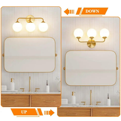 Dope Mid Century 3 Light Vanity Fixture With Smooth Brushed Gold Finish And Soft Milky White Glass Ball Shades for bathroom mirror.