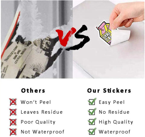 Comparison of 100 Piece Dope Science Stickers Pack Vinyl Decals for easy peel, no residue vs poor quality and residue left, with tick marks
