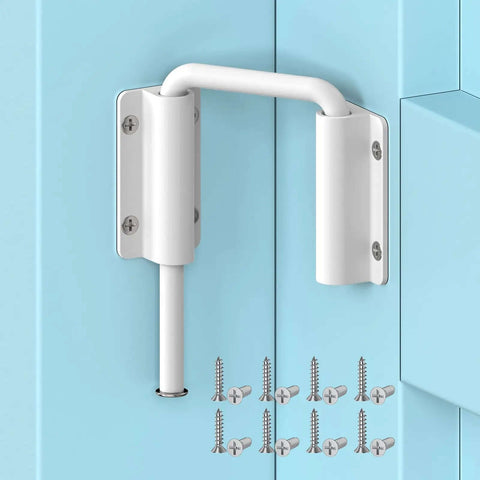 Upgraded Aluminum Sliding Door Loop Lock With 2 Inch U Shaped Multi Angle Design for barn doors, showing white latch and screws