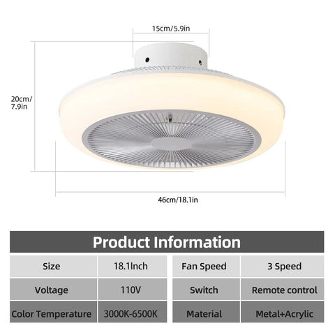 Product details of Bladeless 18 Inch Ceiling Fan With Lights Remote Control Dimming Three Gear Wind Speed Enclosed Design 72W