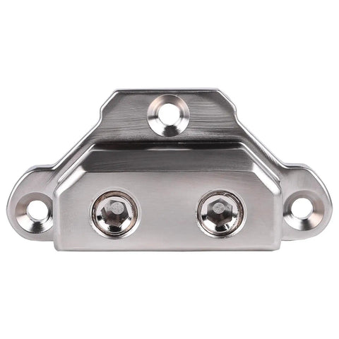 Beefy Ground Termination Block With Highly Conductive Zinc Alloy Three Mounting Points Two Five Millimeter Hex Set Screws And Two Reducers From One Zero To Four Gauge For Auto Audio System Wiring, front view