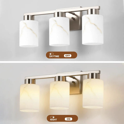 Heavy Duty 3 Light Bathroom Vanity Lights Brushed Nickel Wall Sconce With Striking White Marble Glass Shade Solid Aluminum Frame in daytime.