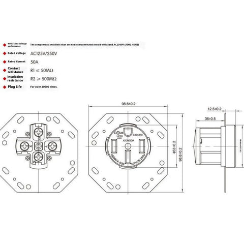 Hella Tough Octagon Electrical Outlet Four Prong Power Receptacle With Heavy Duty Steel Housing And Built In Overcurrent Shield For Rv Conversions And Campground Hookups, detailed dimensions and specifications.