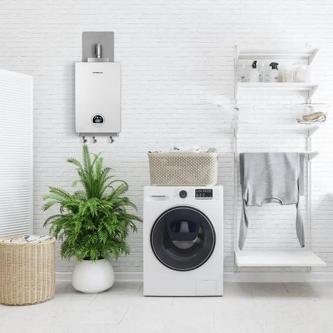 Laundry room with gas water heater, featuring 2.36 Inch Beefy Stainless Steel Vent Wall Thimble For Indoor Gas Water Heater Horizontal Exterior Vent Sleeve Corrosion Resistant Keeps Chimney Cool And Durable on wall.