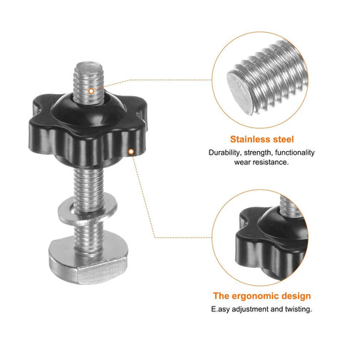 Close-up of 10 Piece T Track Bolts Knob Kit with M6 x 40mm Threaded Bolts and M6 x 25mm Hex Hand Knobs for woodworking jigs