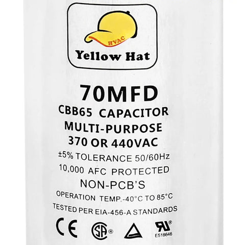 Air Conditioner Capacitor Replacement 70uF 370/440V Round, Multi-Purpose Run Or Start Capacitor label with specs