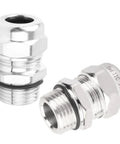 Two Pack 1/2 Inch NPT Stainless Steel Waterproof Cable Gland With Adjustable Glands, IP68 Rated, for 6-12 mm cable, close-up view.