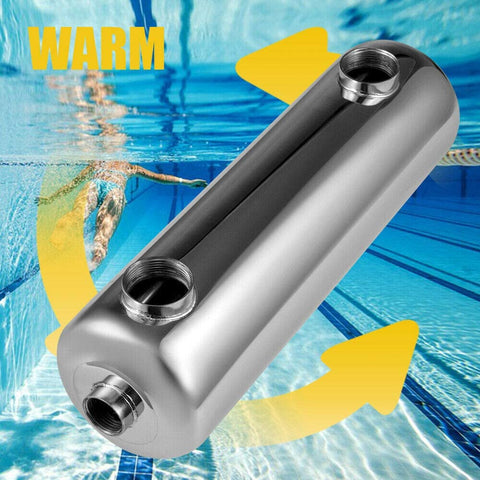 Pool Heat Exchanger Inline For Pools And Spas Stainless Steel Shell And Tube Heater KBtu Per Hour Hydronic Heating Solution Hot Tub Snow Melting One Half Inch NPT Same Side Ports