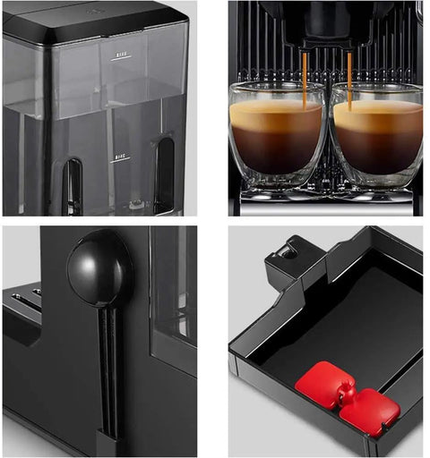 Collage of Compact Espresso Machine With 20 Bar Pressure For Creamy Cappuccinos And Lattes showing frothing nozzle, water tank, and drip tray.