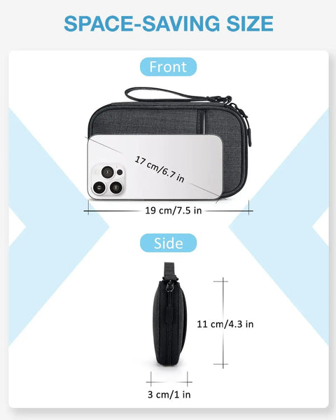 Black Cord Organizer Travel Kit For Chargers And Cables, Slim Single Layer Tech Bag with phone for size comparison, front and side view.