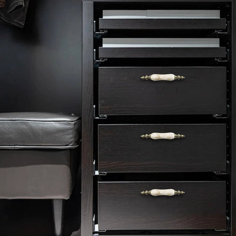 Ceramic Cabinet Pulls Marble Pattern 3 Inch Center Holes Antique Brown Granite Look installed on dark brown dresser drawers