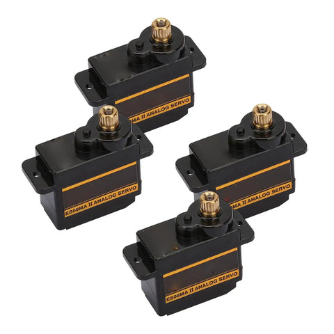 Four micro metal gear analog servos showcasing precision design and sturdy construction, ideal for rc robots helicopters and custom rig builds seeking reliable kickass performance.